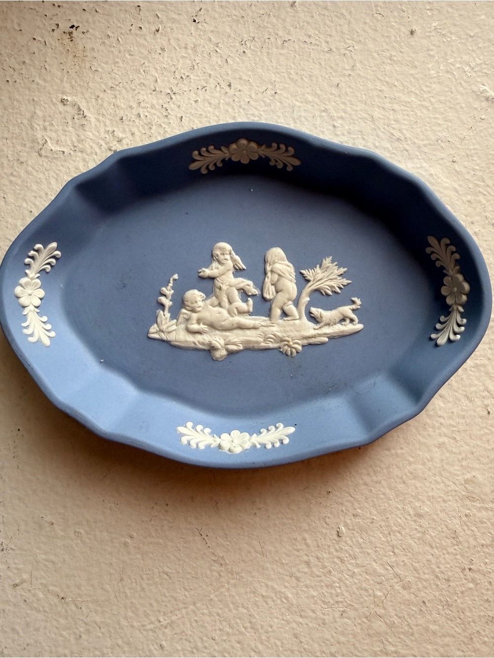 Wedgewood Blue Jasperware Cherub Oval Trinket Dish Made in England